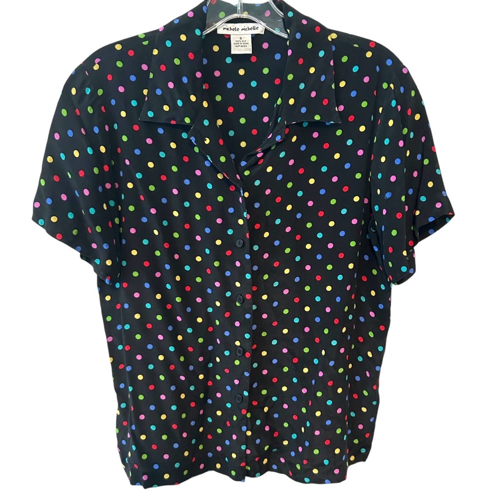 Michele Michelle Vintage Women's‎ Y2K Black Polka Dot Silk Blouse in Size S